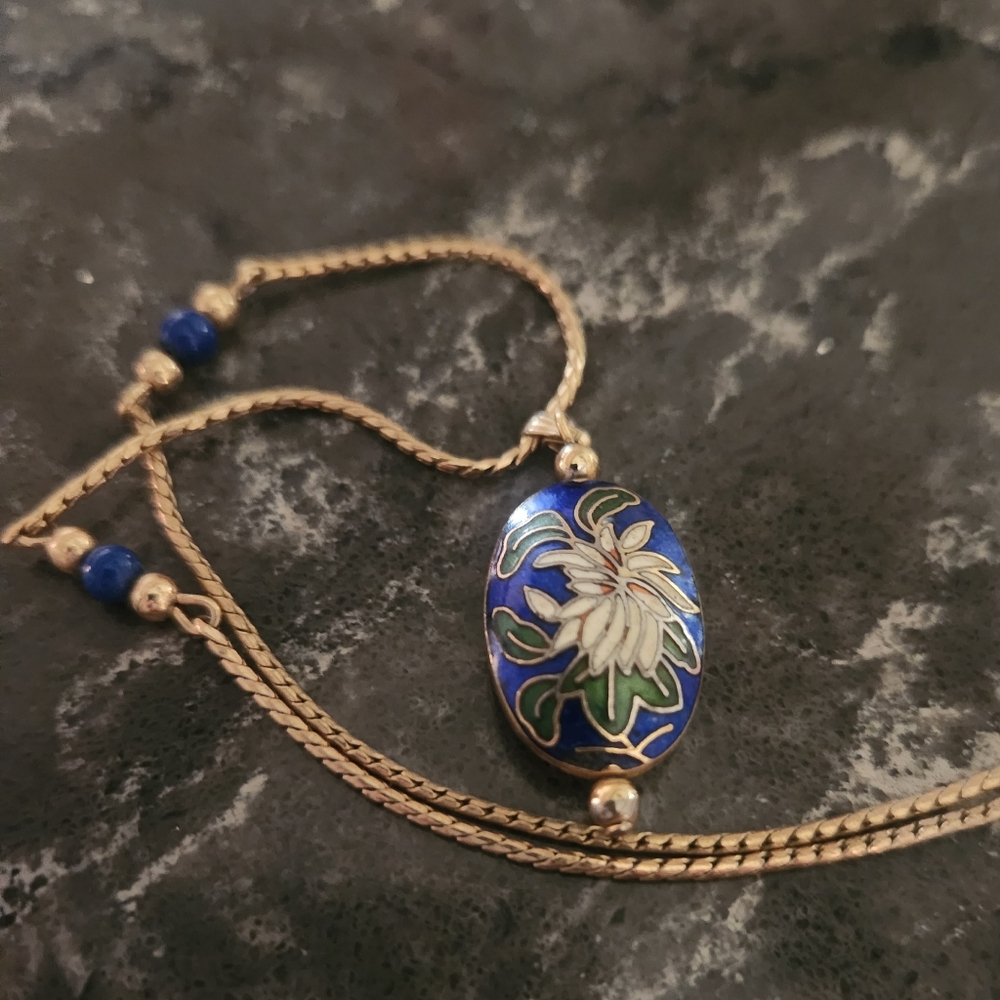 Vintage Avon Cloisanne Gold and Blue Floral Pendant Necklace With Beaded Chain